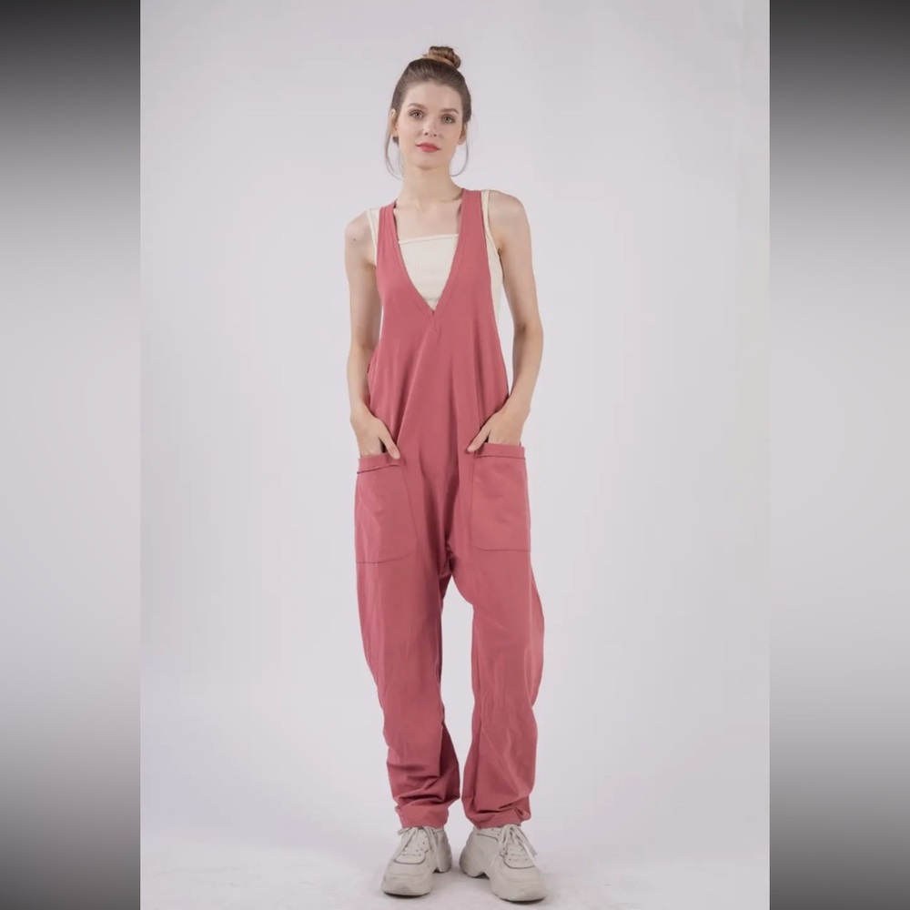Very J Loose Fit Solid Knit Baggy Jumpsuit-Brick